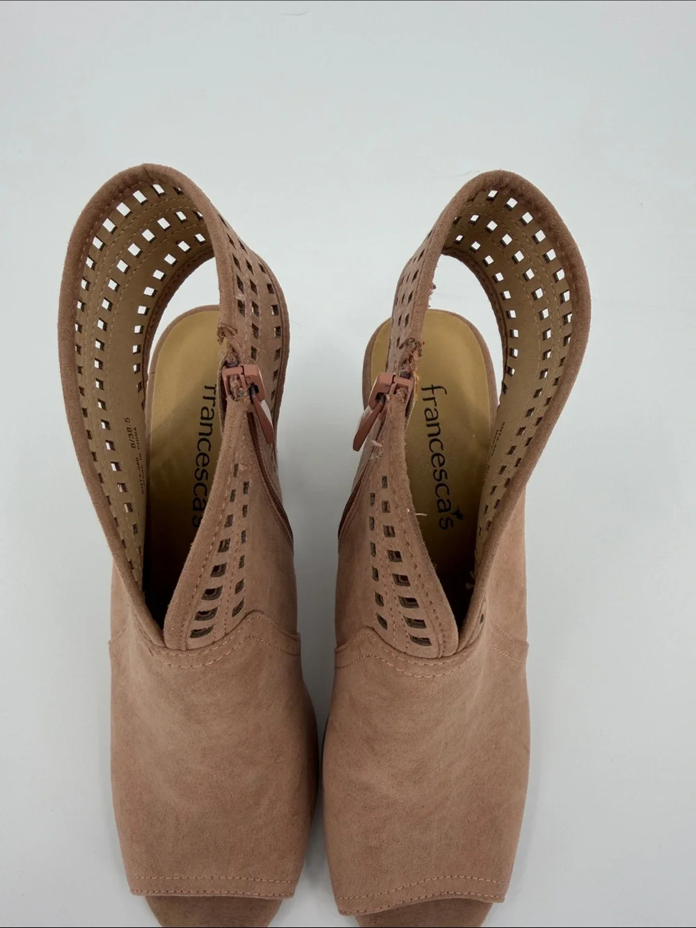 Francesca’s Collection Women’s Taupe Peep-Toe Cutout Block Heel Booties